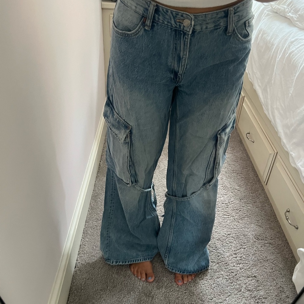 Zara Light Blue Wide Leg Cargo Jeans